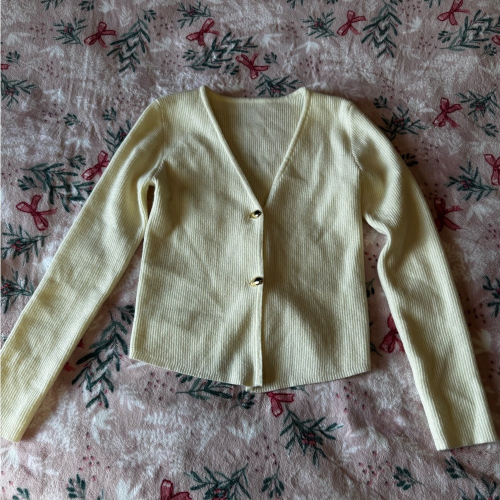 SHEIN Cream Button-Up V-Neck Cardigan